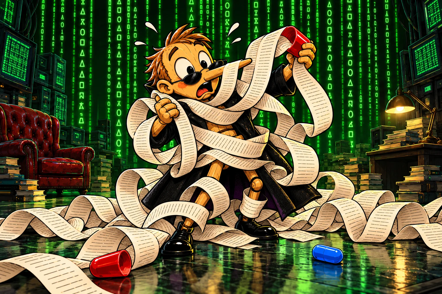 Pinocchio découvre une bibliographie interminable dans un décor de science-fiction parodique.
